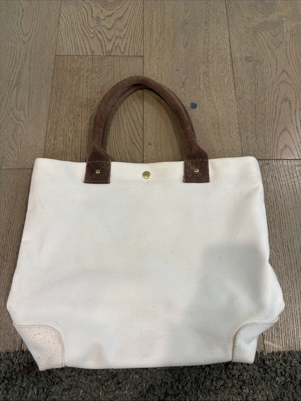 J Crew Canvas Tote Bag with Brown Handles - White